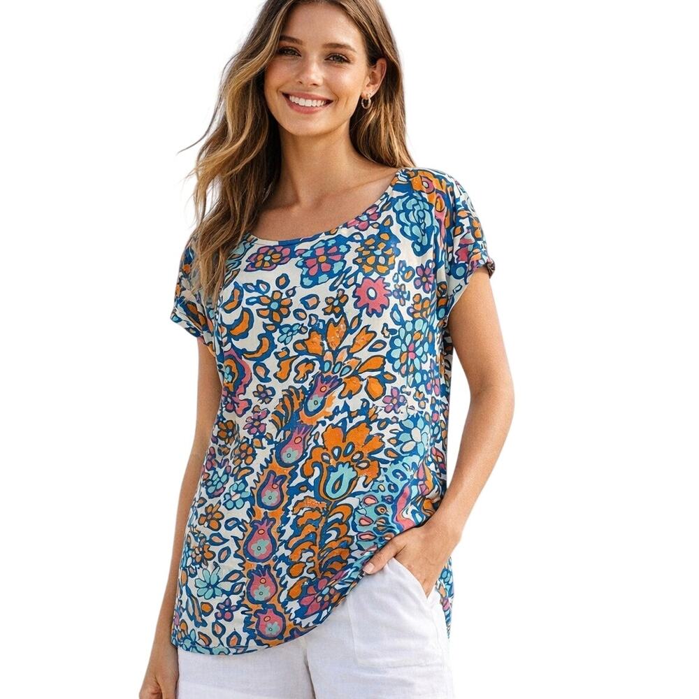 Tori Richard Honolulu Colorful Floral Tee Womens Large Artsy Modal Knit Top USA